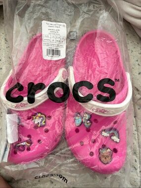 CROCS Electric Pink Classic Clog with White Heel Strap and Charms
